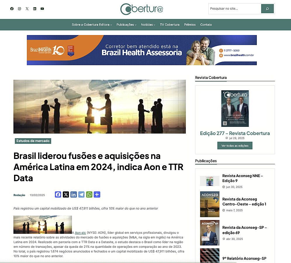 Brasil liderou fuses e aquisies na Amrica Latina em 2024, indica Aon e TTR Data